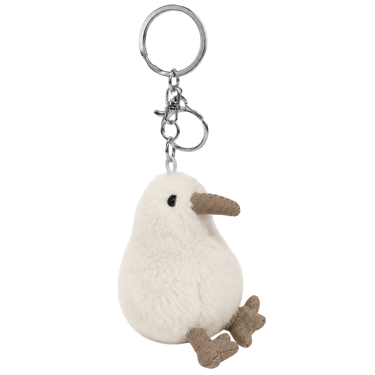 Koko the Kiwi bag charm by Lily & George in White, small cream plush kiwi on a silver keyring clip