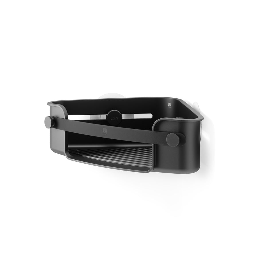 Umbra Flex adhesive corner bin in black, angled view of the triangular caddy