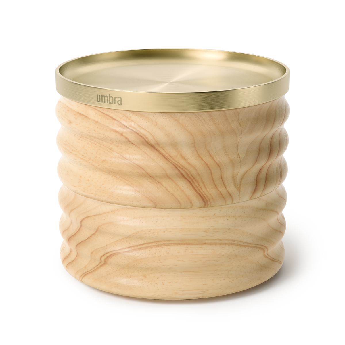 Umbra Tesora wood storage box in natural ash with a brass lid, ribbed two-tier design