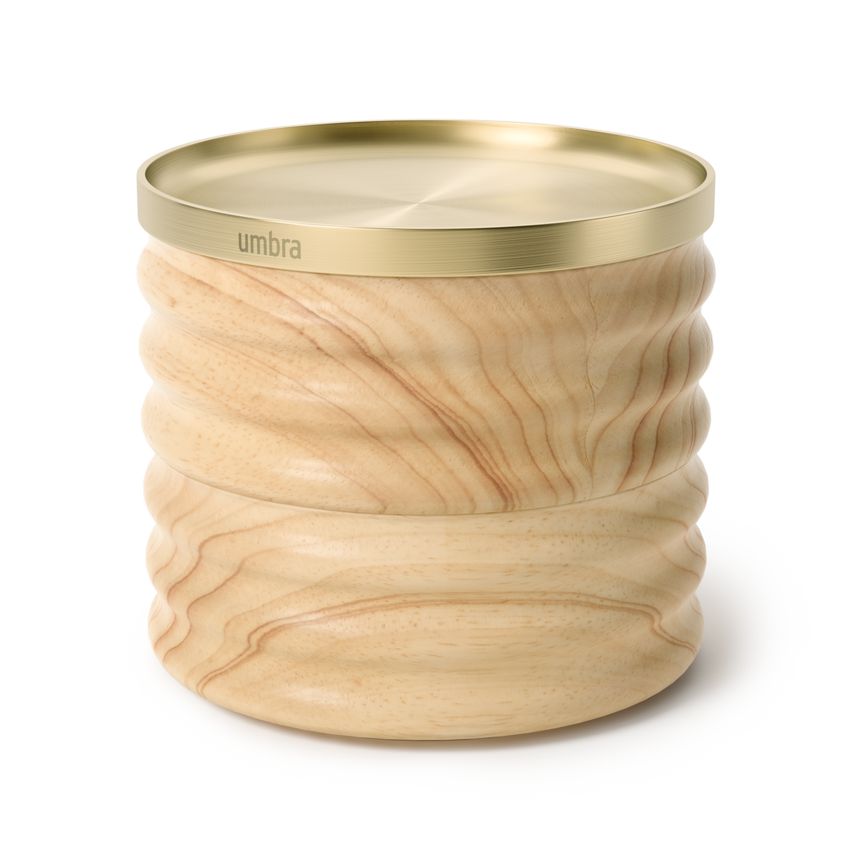 Umbra Tesora wood storage box in natural ash with a brass lid, ribbed two-tier design