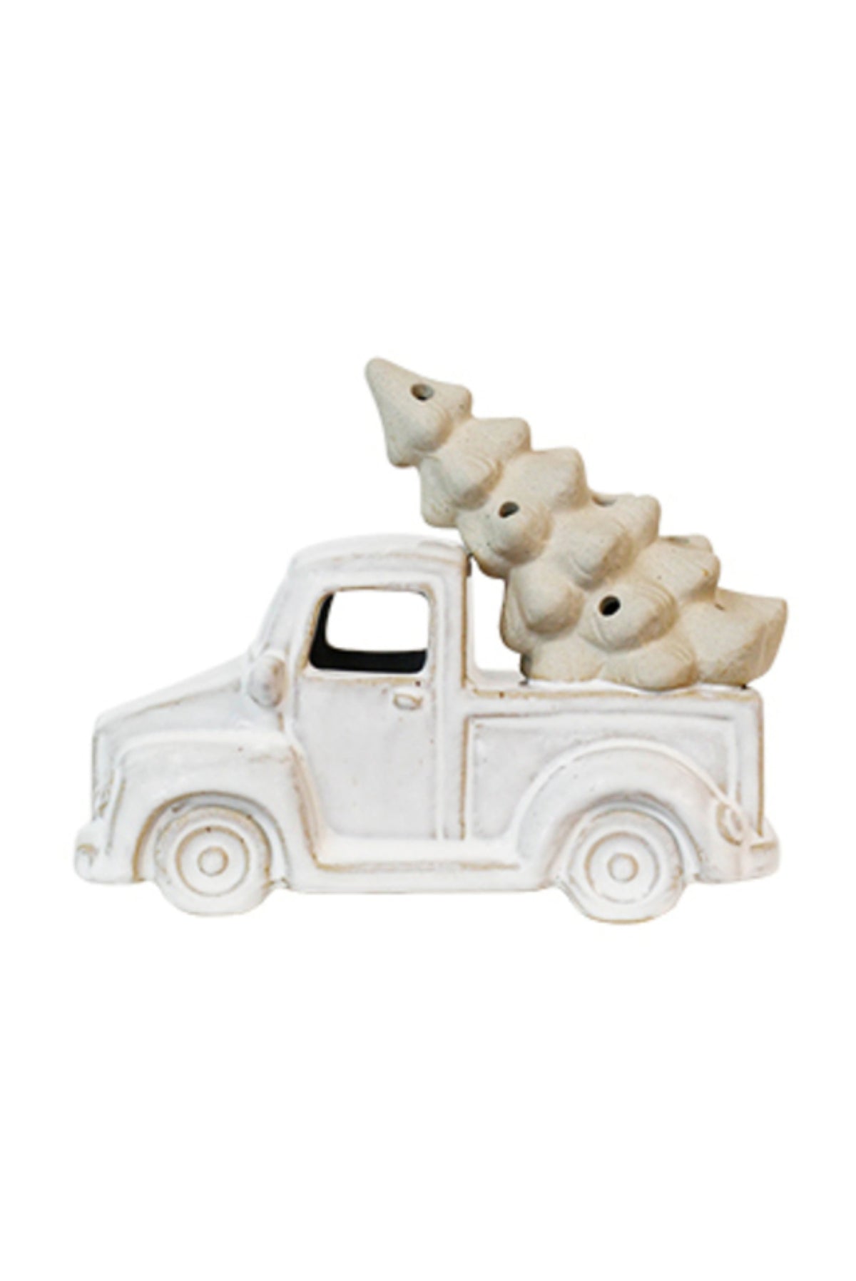 Grey and white ceramic vintage car carrying a Christmas tree on the roof, with LED lights