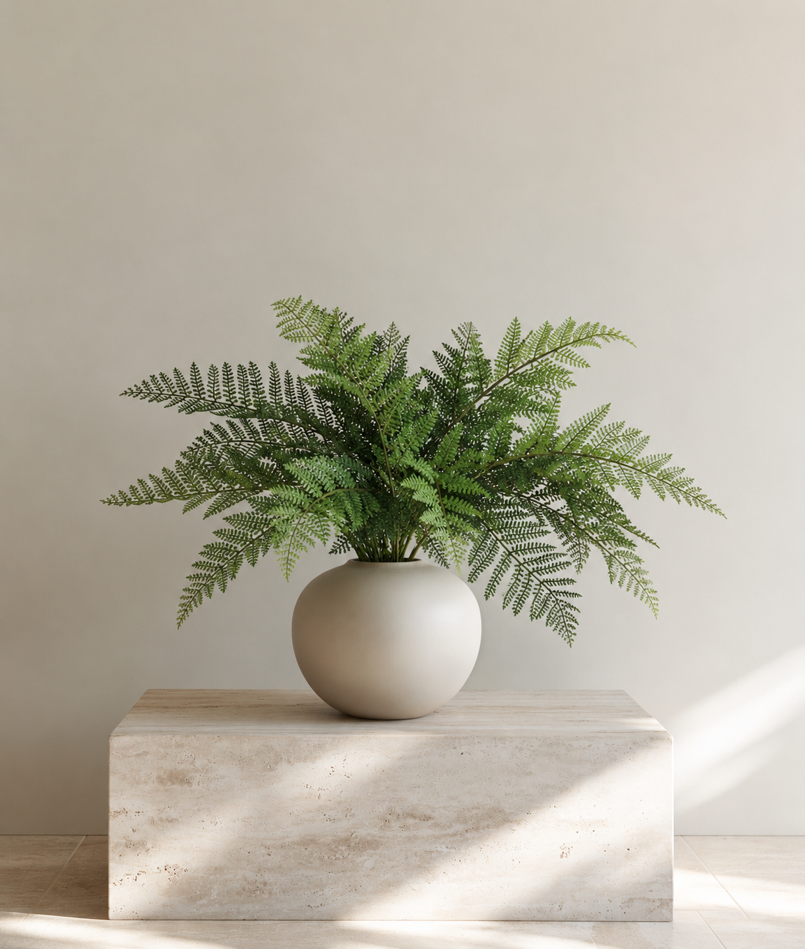 Leather Fern Bush faux foliage in a round stone vase on a travertine plinth