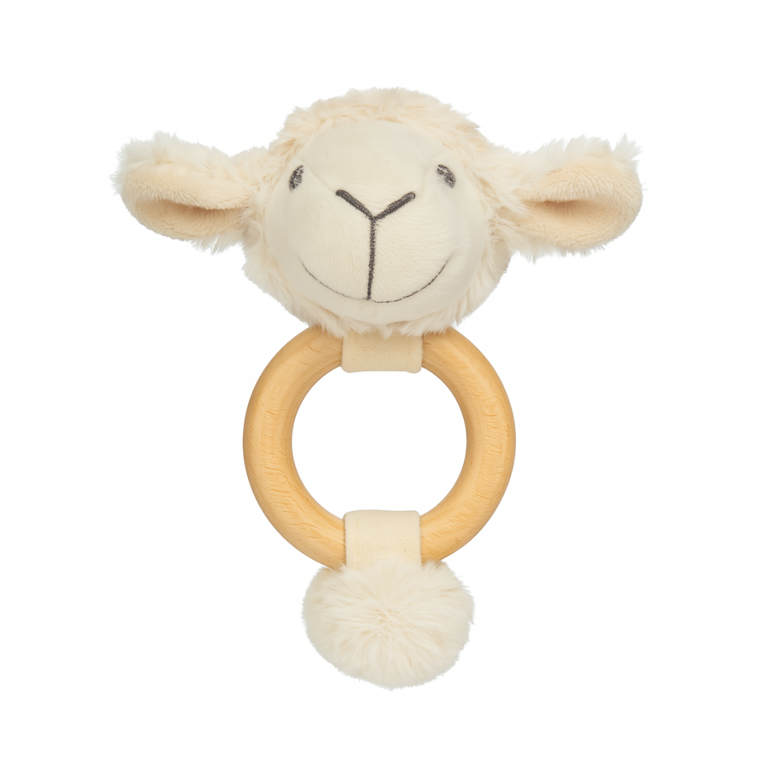 Liam the Lamb baby teether by Lily & George, cream plush lamb head on a wooden ring with a fluffy pompom