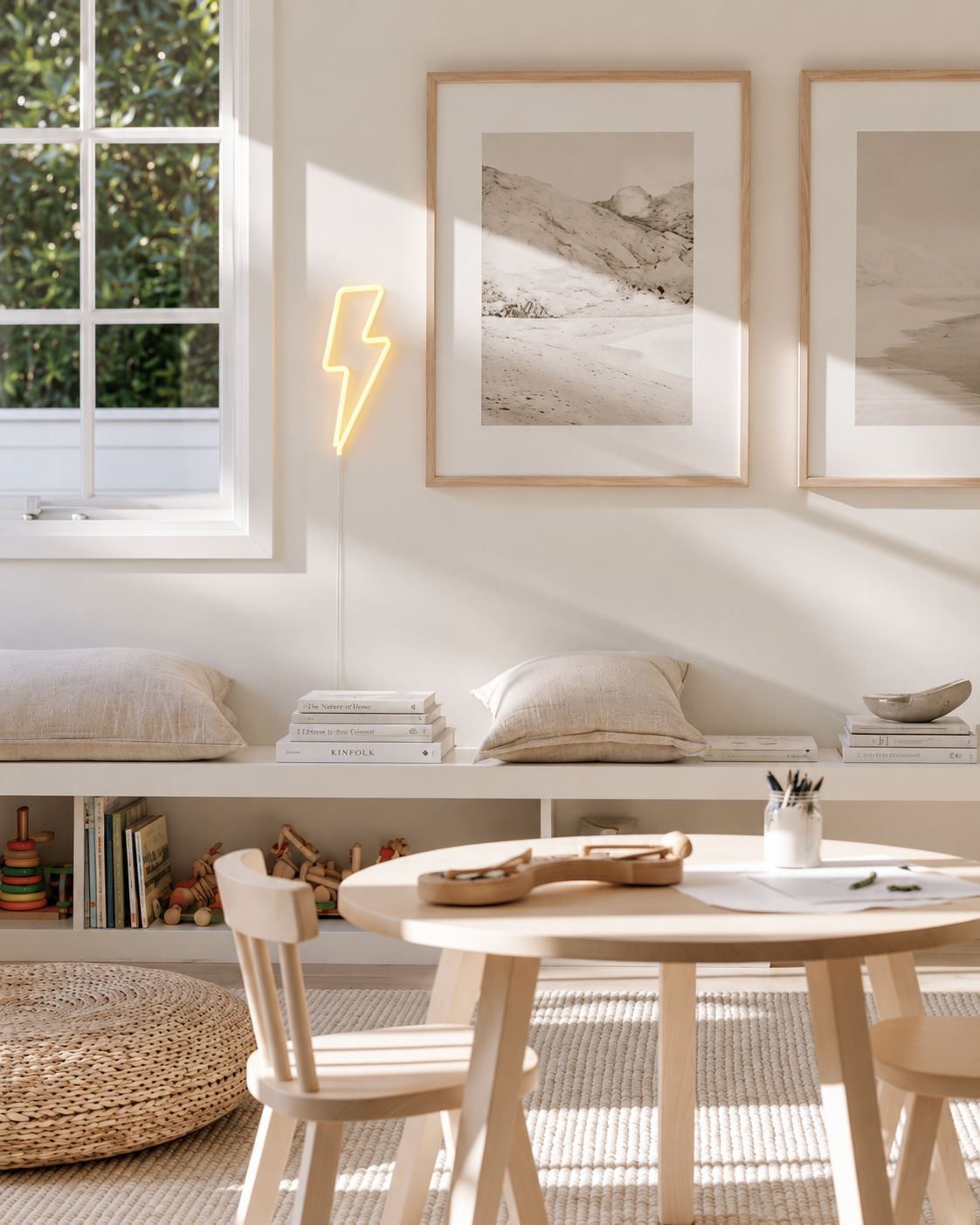 Yellow lightning bolt neon LED wall light beside framed prints above a window-seat ledge in a kids playroom