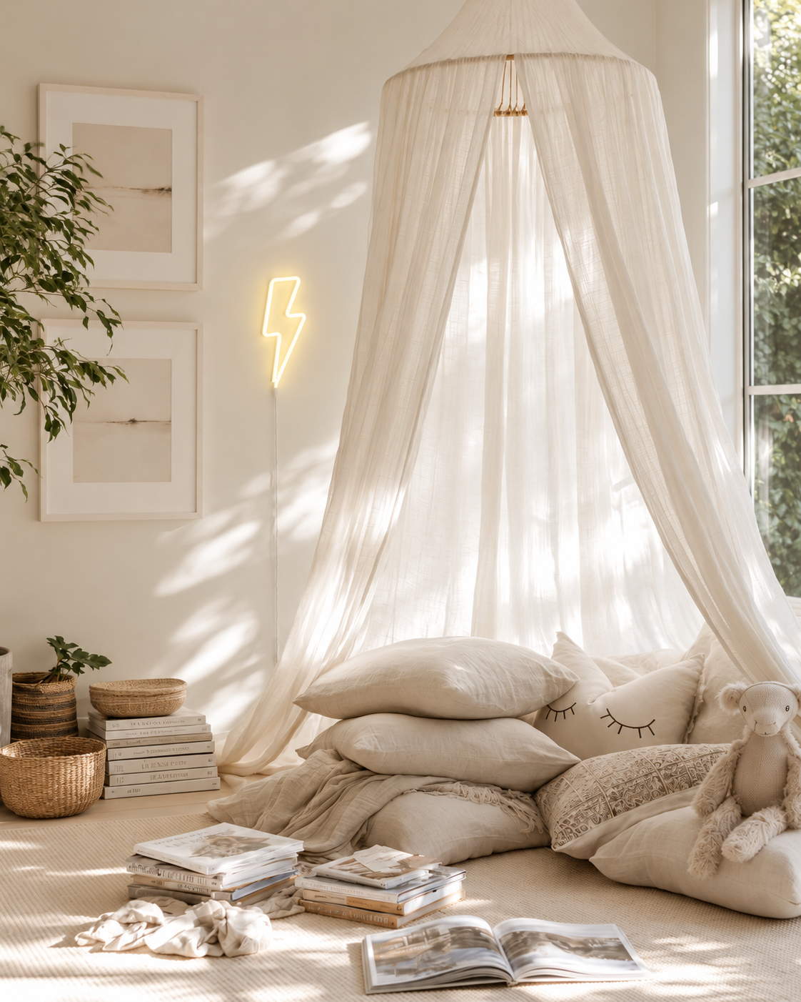 Yellow lightning bolt neon LED wall light glowing beside a canopy reading nook with floor cushions
