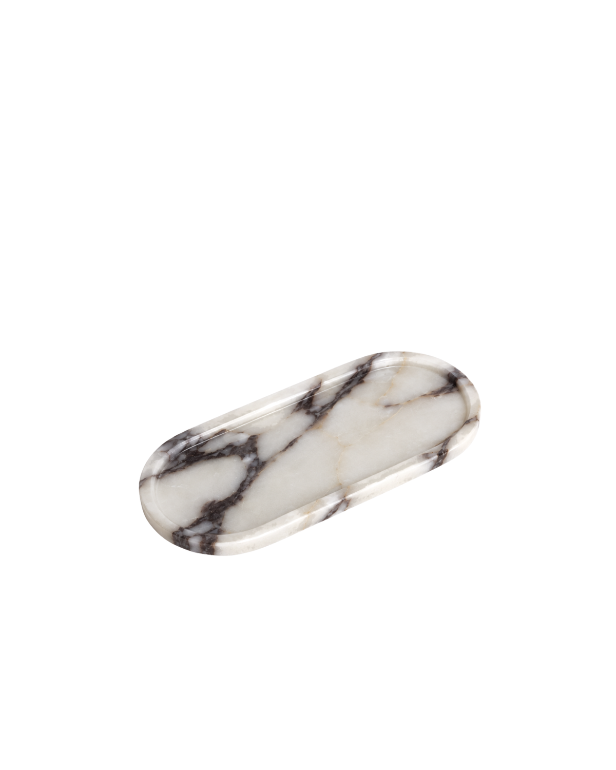 Line Tray by Ned Collections in Viola Marble, a slim oval white marble tray with burgundy veins, on a white background
