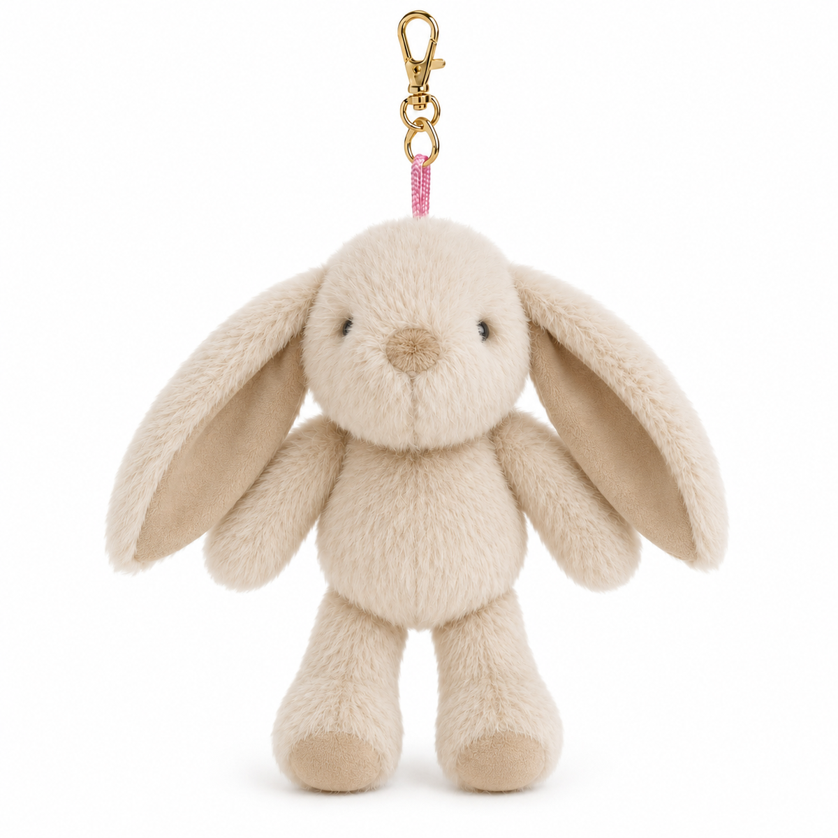 Littlefoot Bunny bag charm by Lily & George in Biscuit, small plush bunny with long ears on a gold clip and pink strap