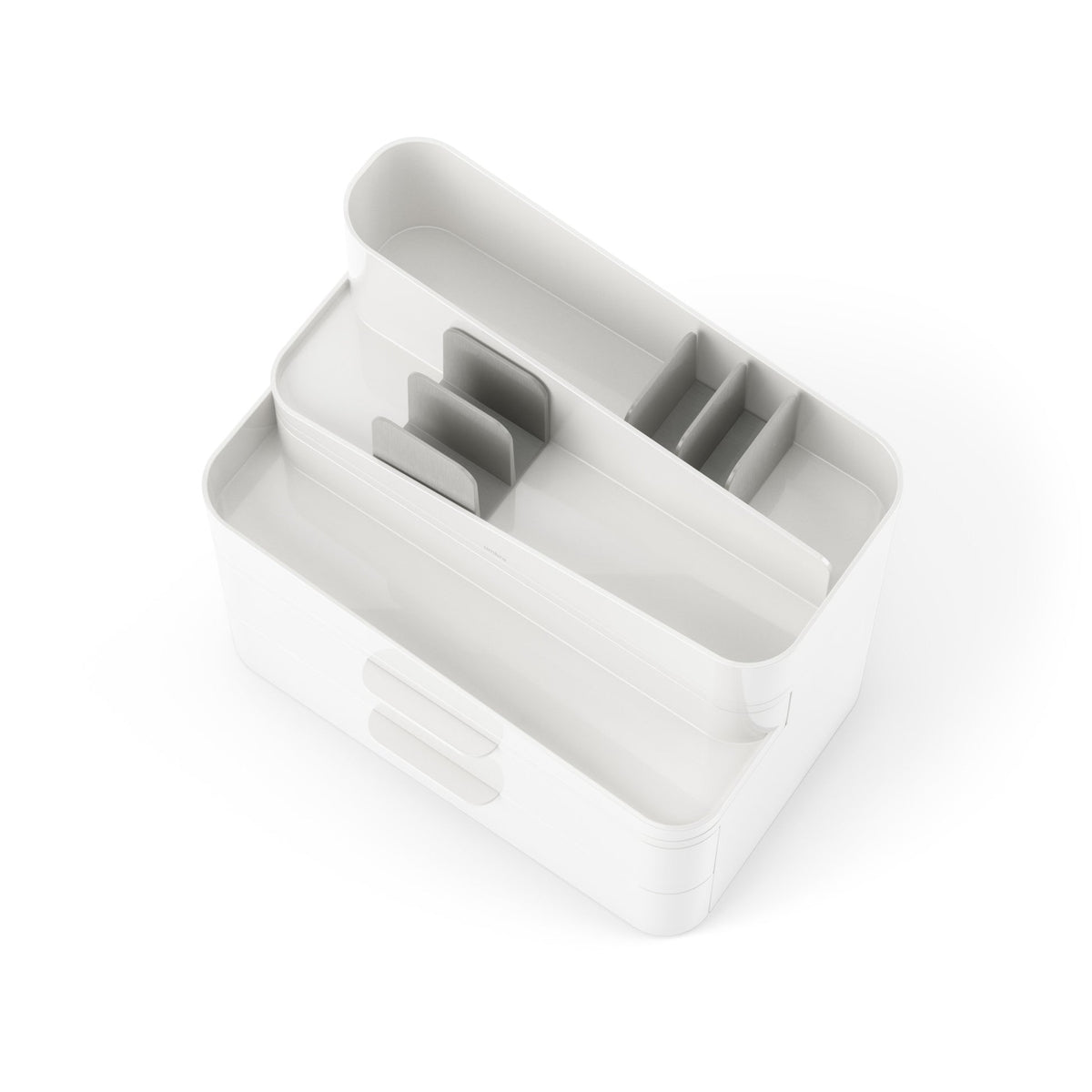 Umbra Glam large cosmetic organiser in white with grey dividers, seen at an angle