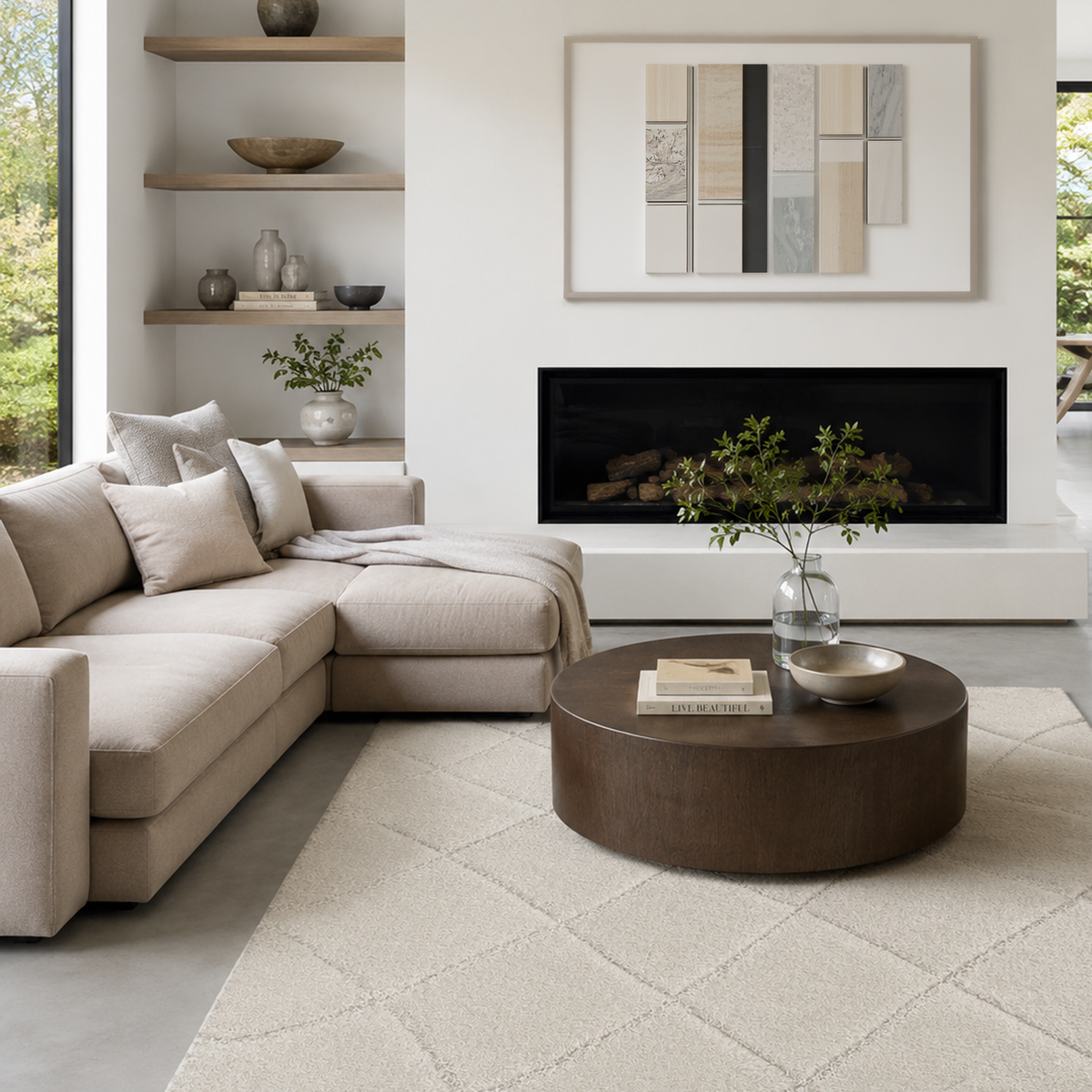 White etched rug under a dark round coffee table beside a cream sectional sofa and fireplace