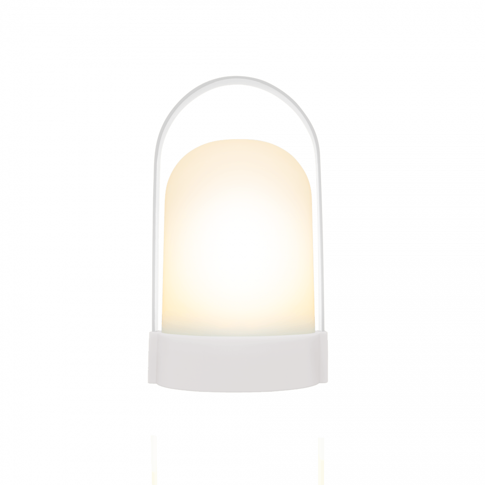 Pure portable LED lamp in white with an arched handle, lit and shown against a plain white background