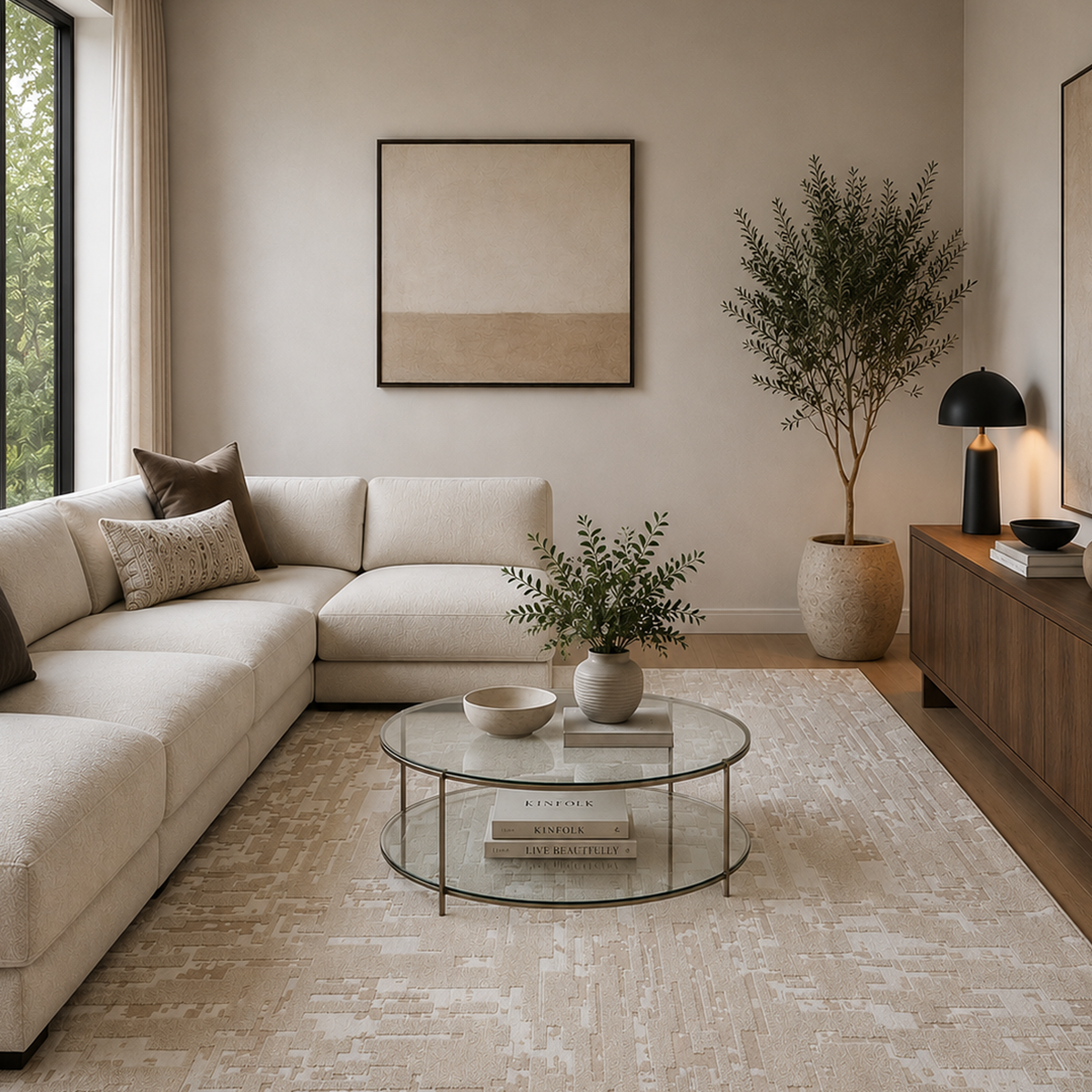 Neutral abstract rug under a round glass coffee table with a cream sectional sofa and an olive tree