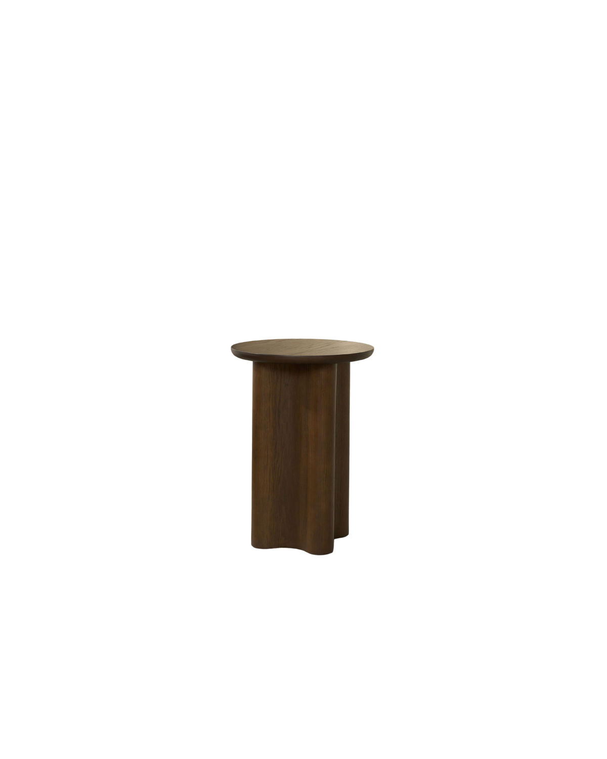 Luma Side Table by Ned Collections in Brown Oak, a round top on a scalloped pedestal base, on a white background