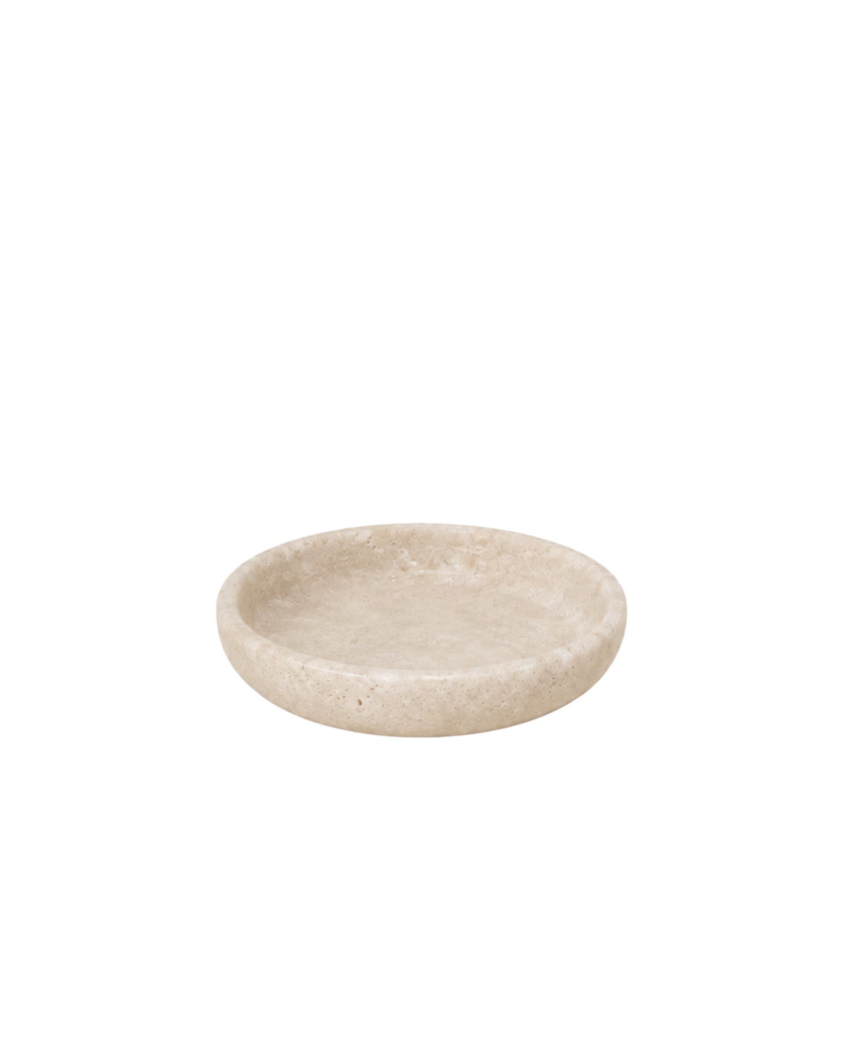 Luvi Bowl in Light Travertine, a shallow cream stone bowl with a fine pitted texture, on a white background