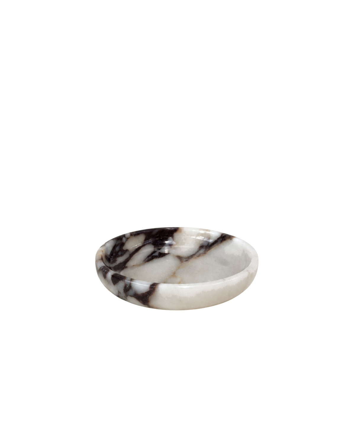 Luvi Bowl by Ned Collections in Viola Marble, a shallow white stone bowl with burgundy veins, on a white background