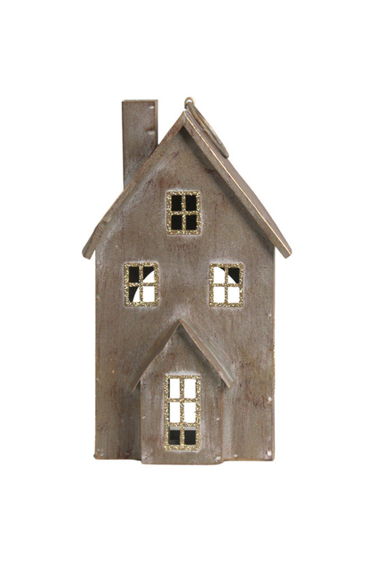 Brushed champagne metal cottage with a steep roof and cut-out windows, large (16cm W x 9.5cm D x 27cm H)