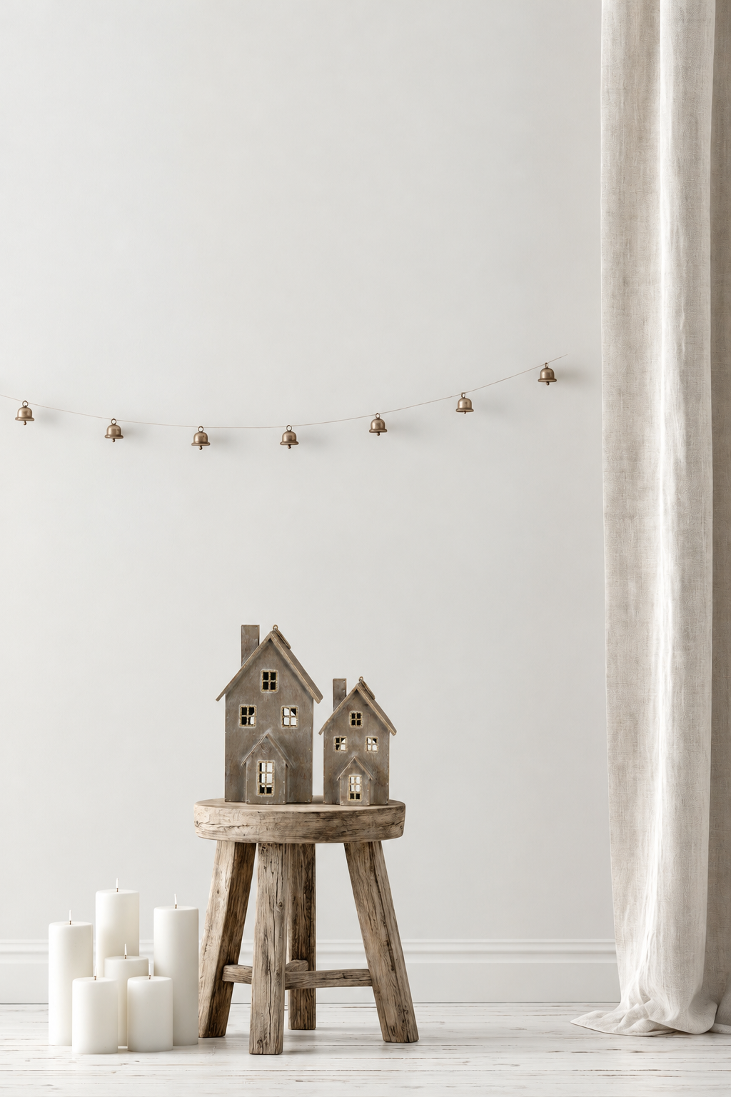 Luxe Cottages in 20cm and 27cm glowing on a timber stool beside pillar candles under a brass bell garland