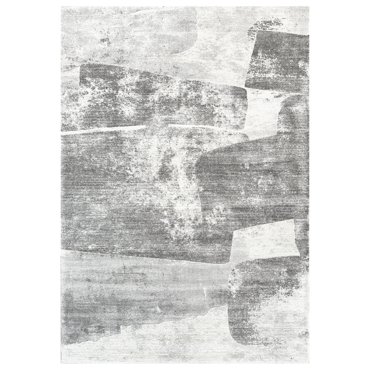 Malta Shadow Rug with layered abstract shapes in charcoal, silver and off white, shown flat on white