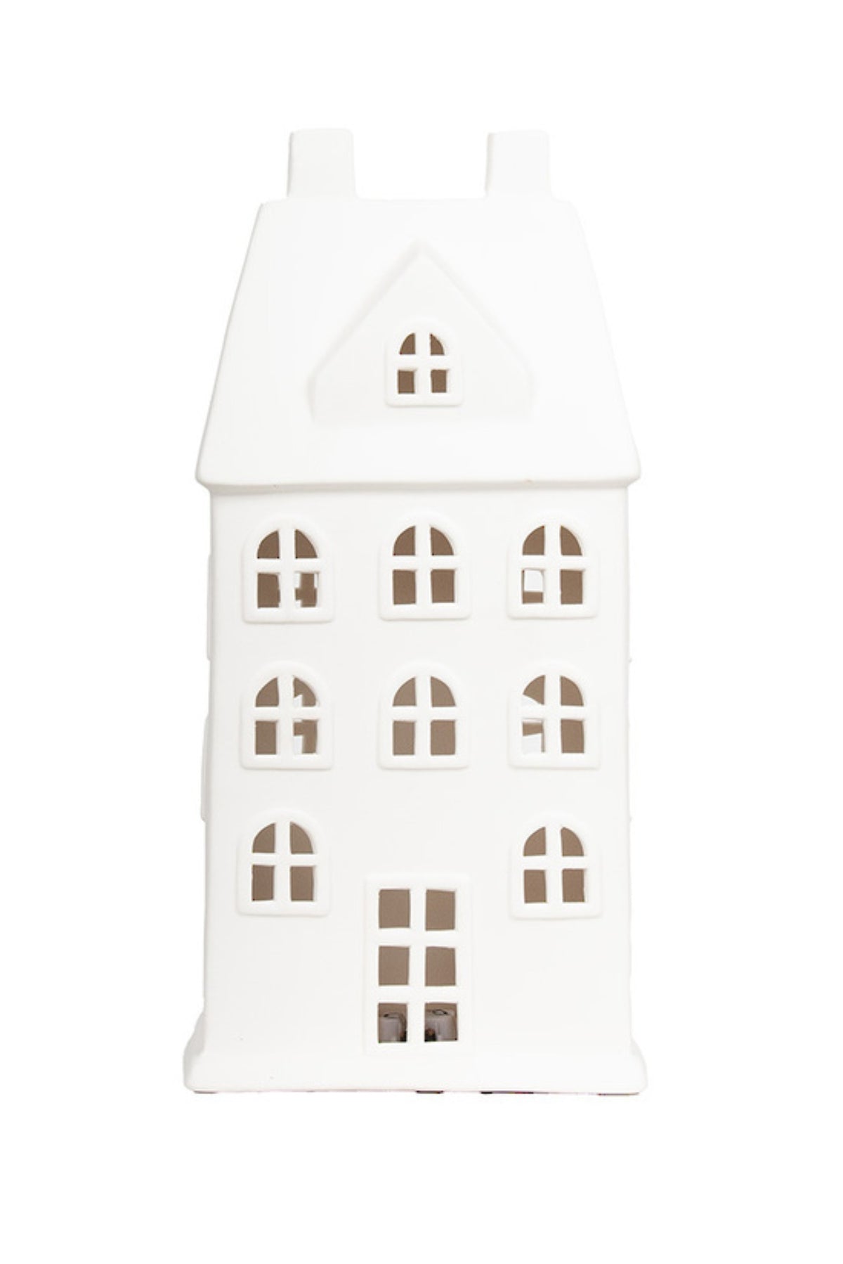 Tall white Christmas manor house with cut-out windows and a warm LED glow, large (15cm W x 10.8cm D x 30.2cm H)