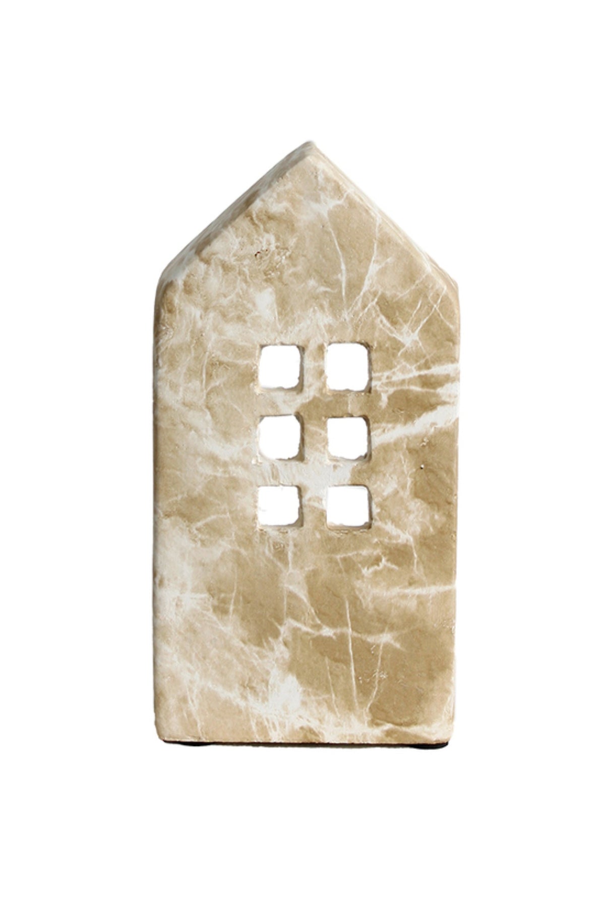 Tall townhouse ornament with a soft beige marble-look finish and window details, 22cm