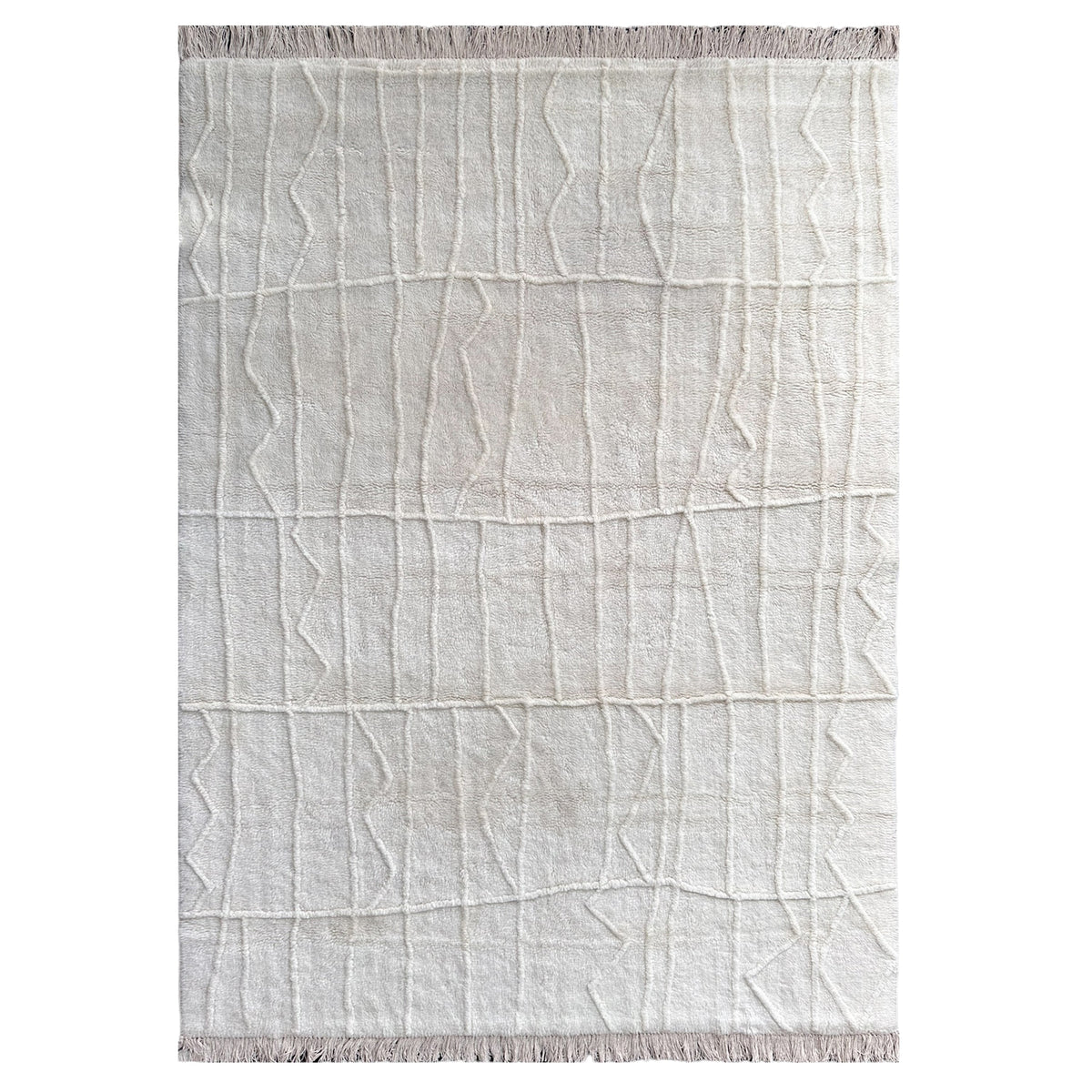 Marve-II Rug in ivory New Zealand wool with a raised lattice texture and fringed ends, shown flat