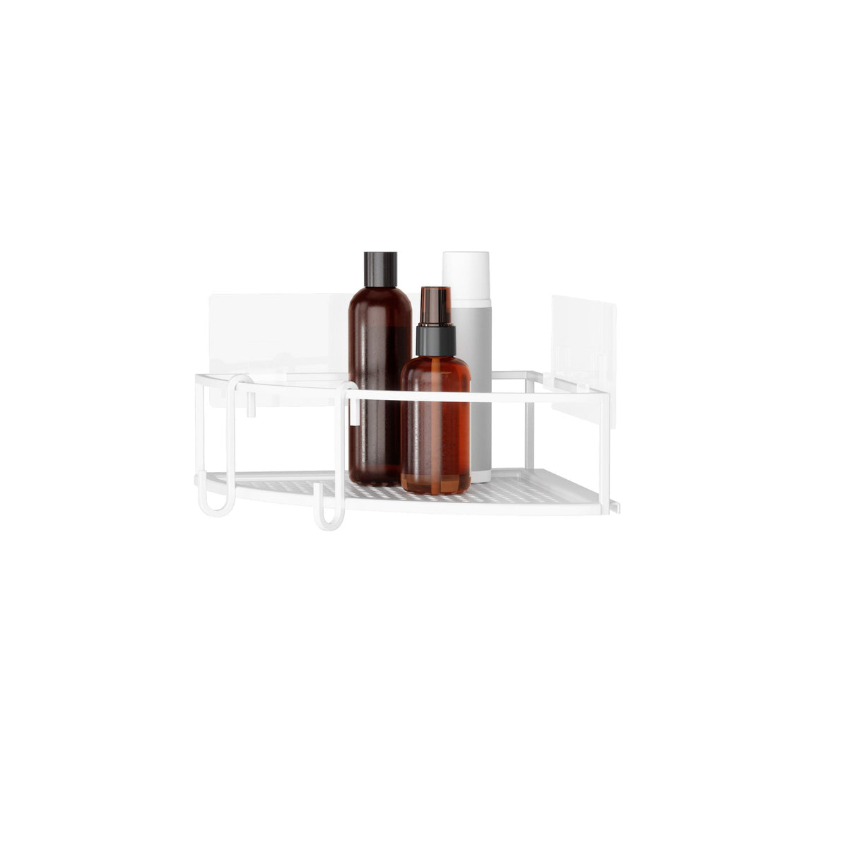 White Cubiko corner bin holding two amber bottles, front view