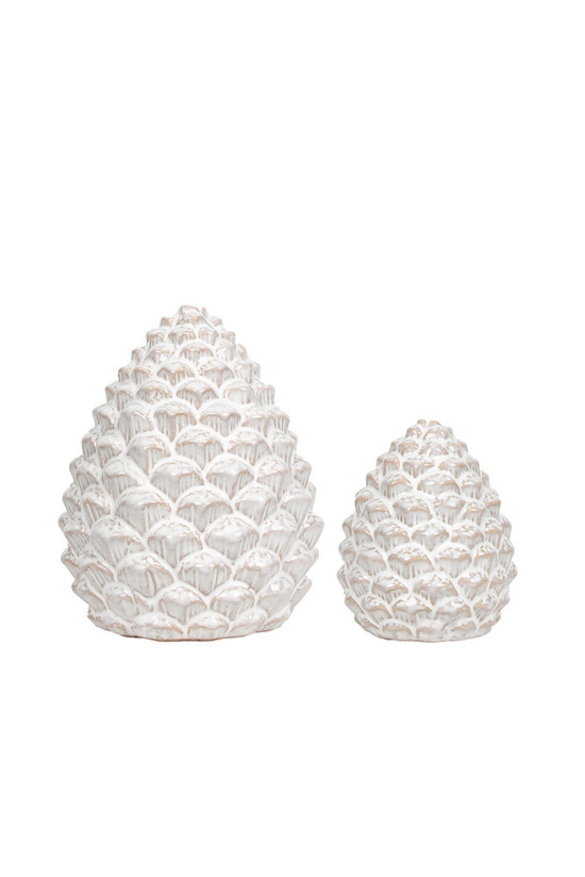 Two oversized milk white pinecone ornaments in large and small sizes