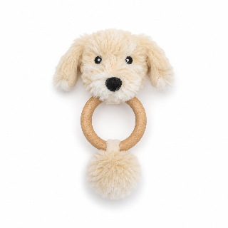 Milo the Puppy baby teether by Lily & George, golden plush puppy head on a wooden ring with a fluffy pompom