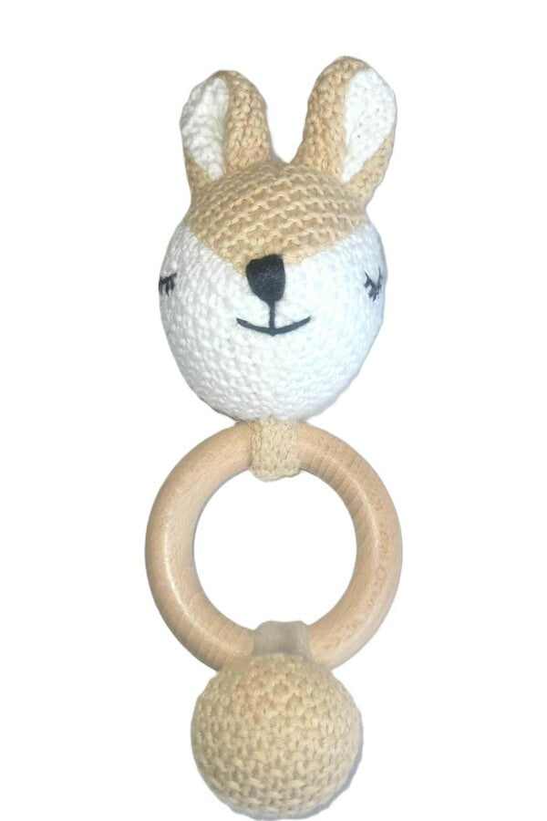 Miss Deer teether with a crocheted deer head, wooden ring and crocheted ball, on white