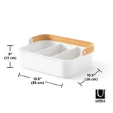 An Umbra Bellwood Storage Bin, made of sustainable wood, featuring two compartments and a wooden handle.