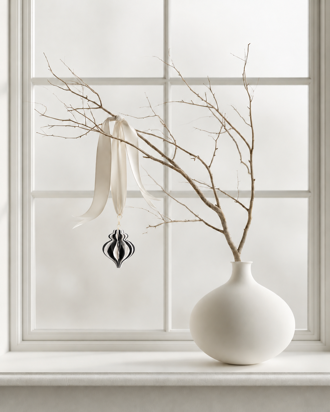 Black and white monochrome paper finial hanging on a cream ribbon from a bare branch in a white vase by a window