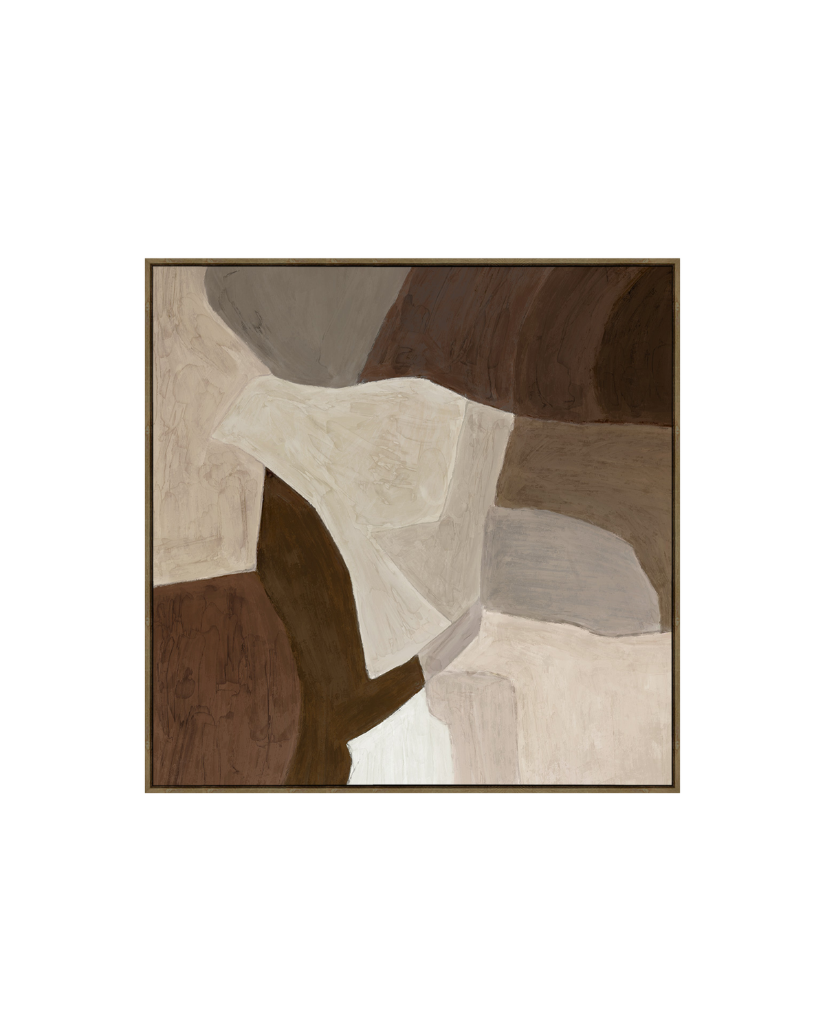 Mood Print by Ned Collections, square framed canvas of overlapping chocolate, taupe, grey and cream shapes