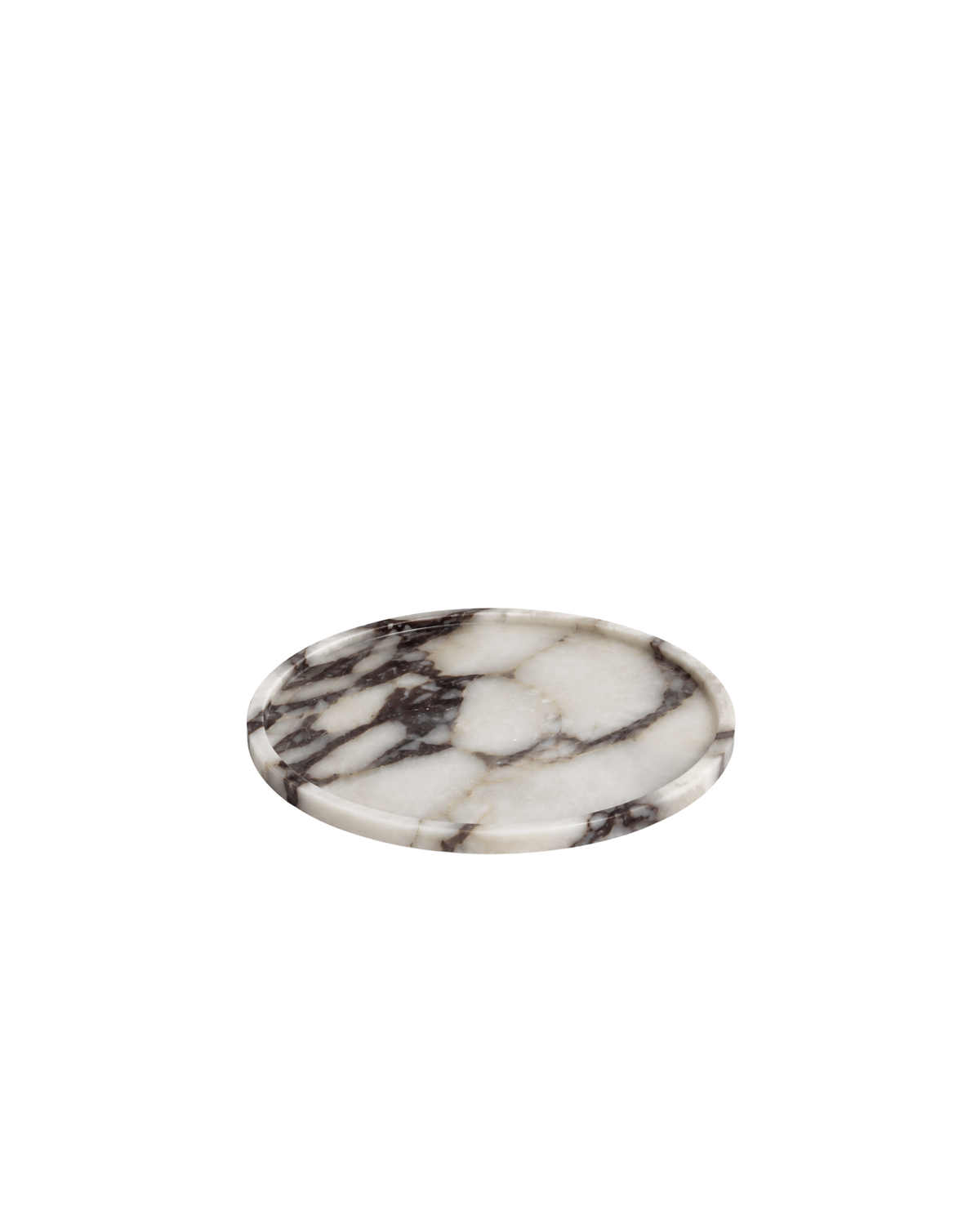 Moon Round Tray by Ned Collections in Viola Marble, a round white marble tray with burgundy veins, on a white background