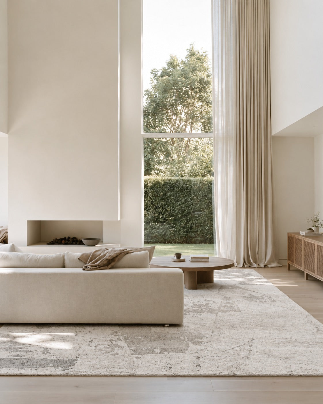 Munro Modern Grey/Beige Rug under a low sofa and round timber coffee table in a double height lounge with tall windows