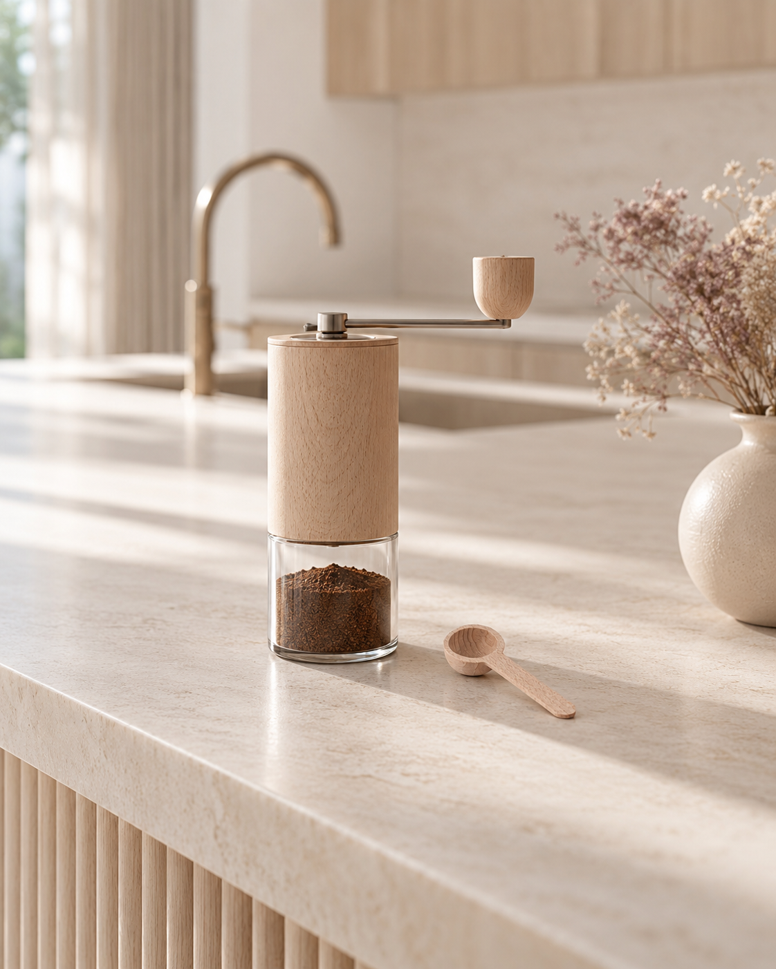 Wooden coffee spoon beside a hand coffee grinder on a stone kitchen bench