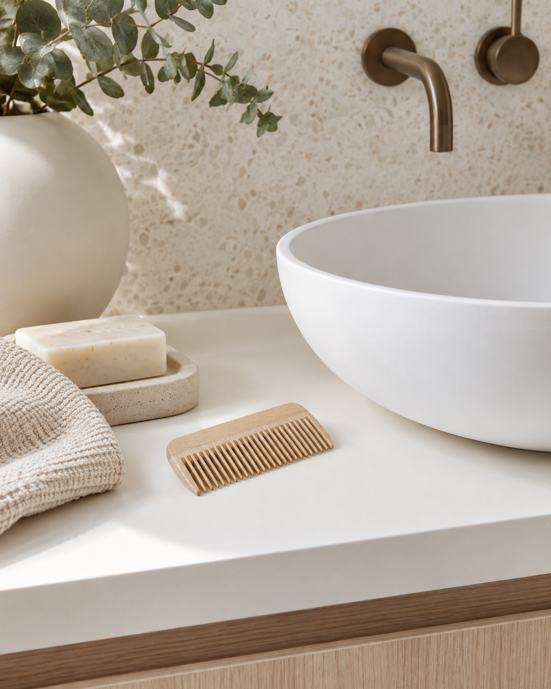 Wooden comb on a white vanity beside a vessel basin, soap dish and linen towel