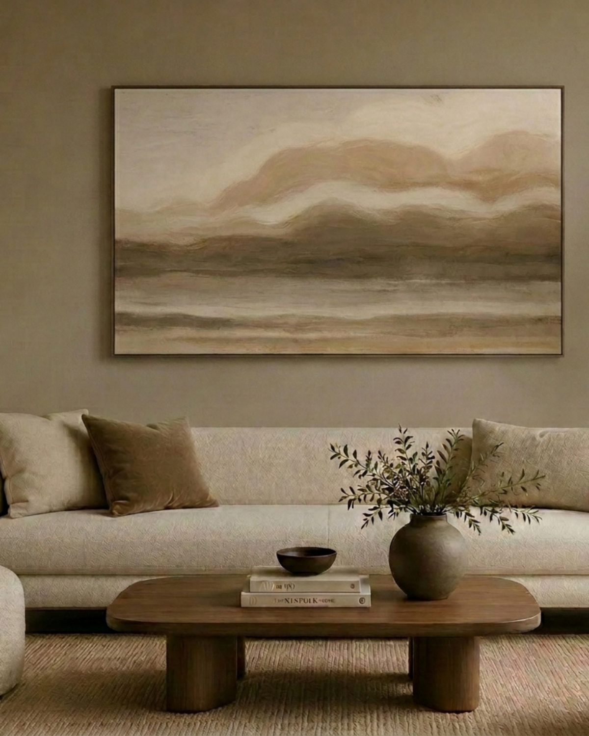 Near Enough Print hanging above a cream sofa with a timber coffee table, books and an olive branch in a stoneware vase