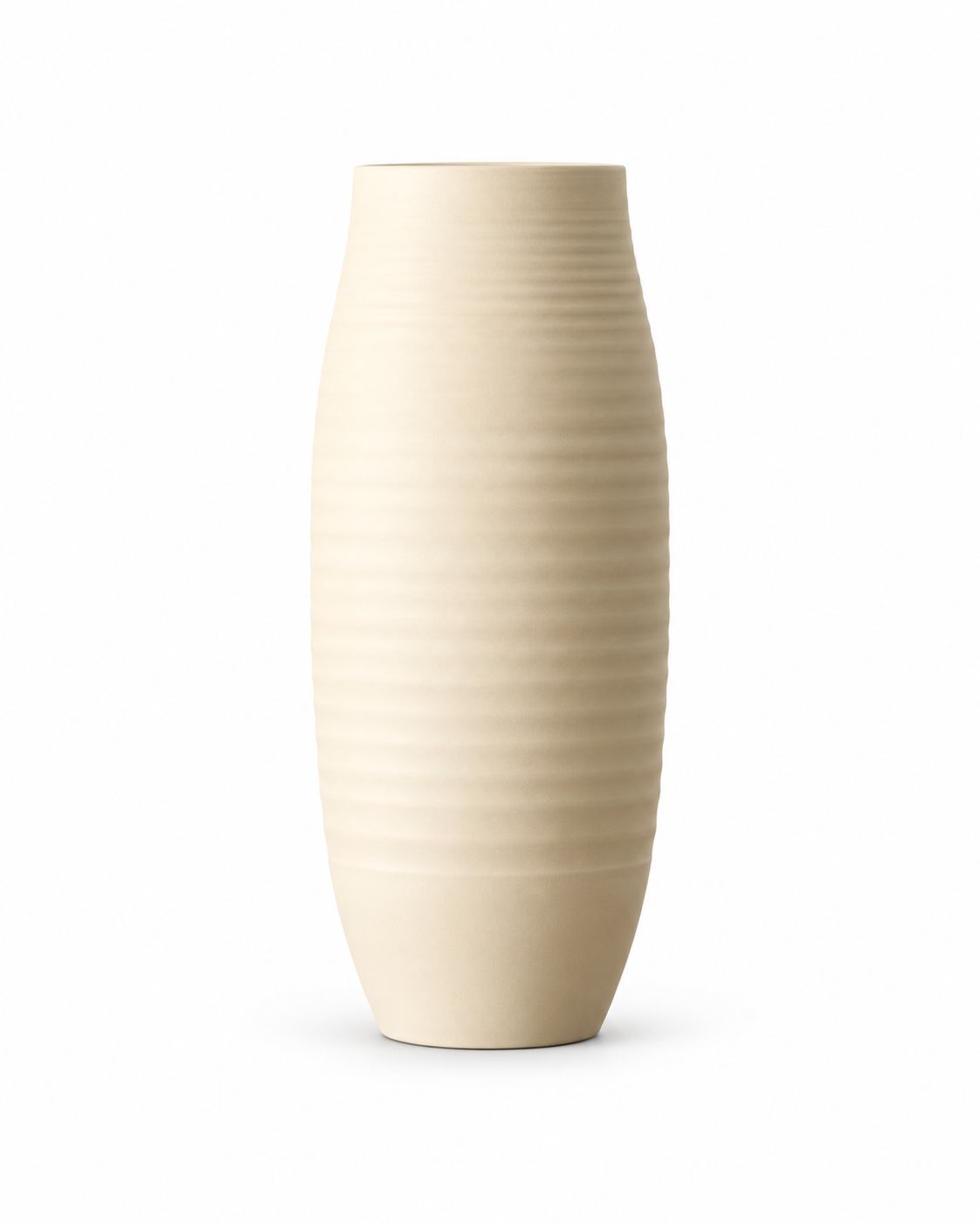 Kona Vase by Ned Collections, Large Beige cream ribbed ceramic vase on white background