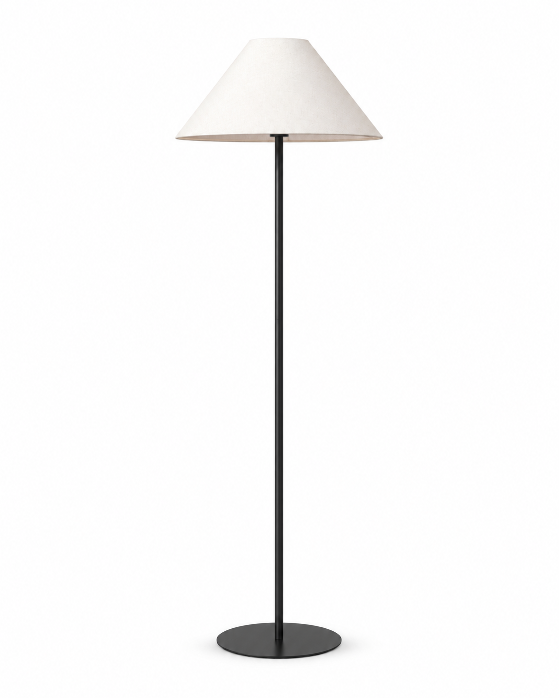 Arch Floor Lamp by Ned Collections, black metal stem and cream linen shade on white background