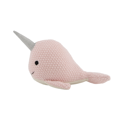 Nellie Narwhal rattle by Lily & George, pink knitted cotton narwhal with a grey horn