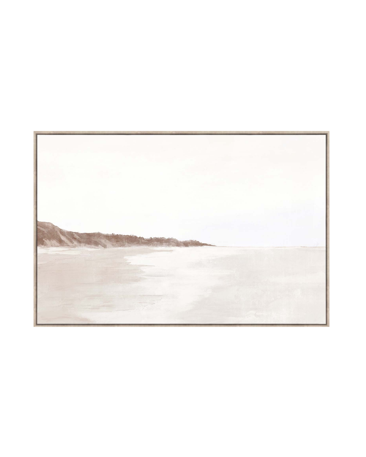 Ninety Print by Ned Collections, natural framed canvas of a pale sandy beach curving to a brown headland