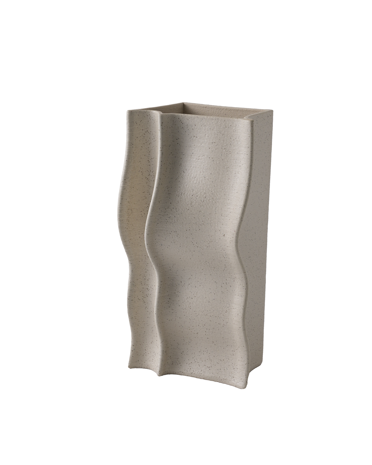 Ivory vase on a white background showing its speckled finish and two rippling folds