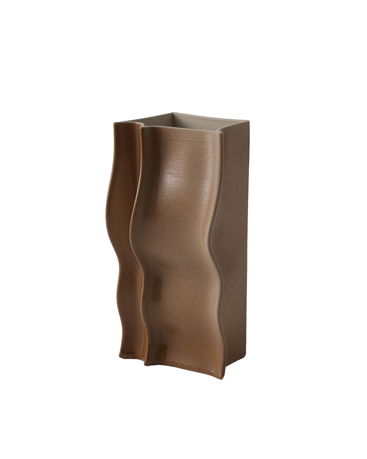 Mud vase on a white background with fine printed lines visible across its brown folded surface