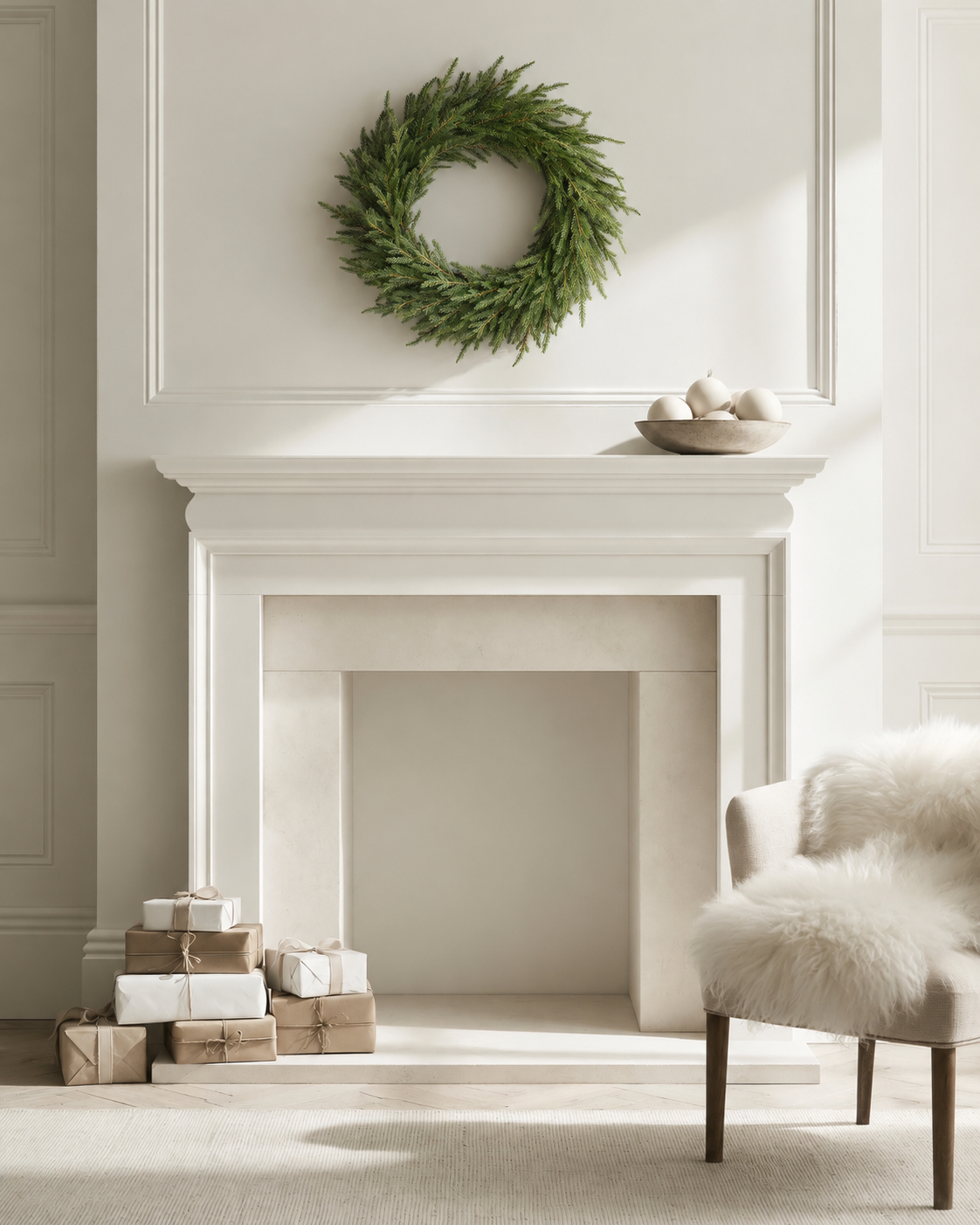 Nordmann fir wreath hanging on a panelled wall above a white fireplace with wrapped gifts