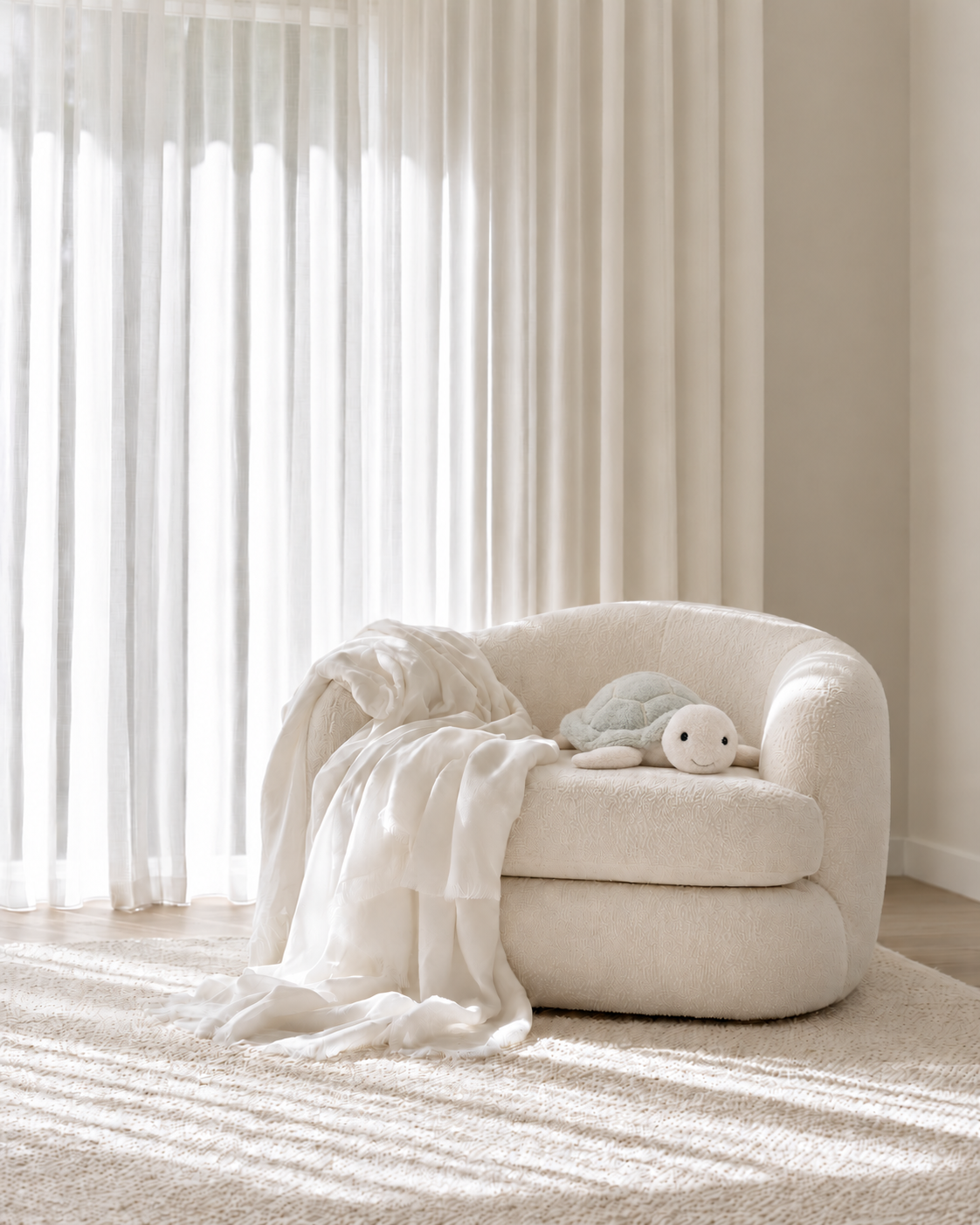 Nori the Turtle 30cm soft toy by Lily and George resting on a cream boucle armchair beside sheer curtains