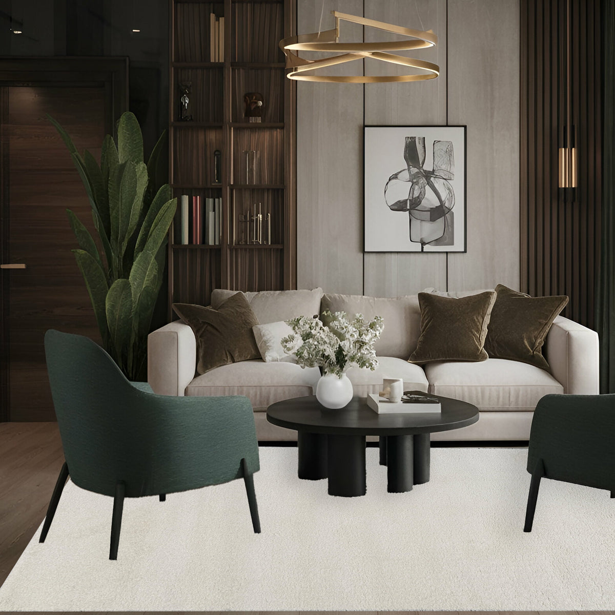 White plush rug under a black round coffee table with green armchairs and a cream sofa
