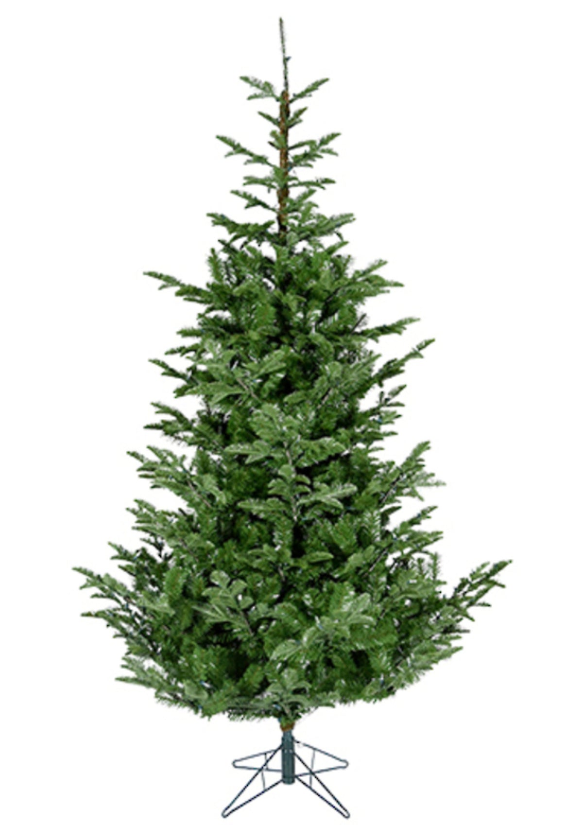 Tall 2.3m artificial Norway spruce Christmas tree with open, tiered branches on a metal stand