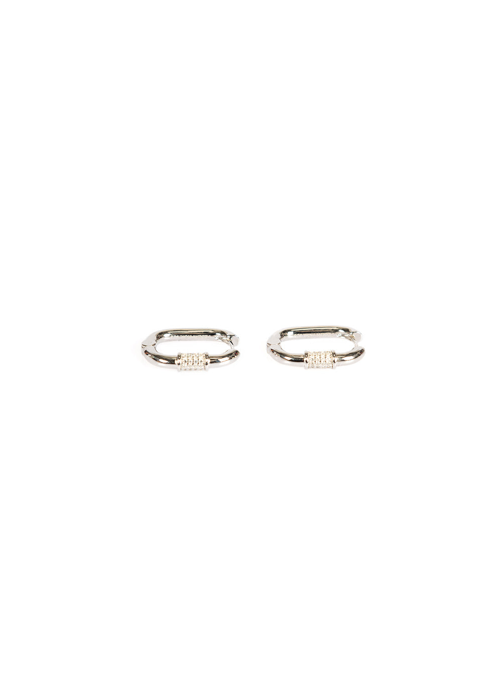 Not Hoops earrings in sterling silver, oval hoops with a crystal set bar, on white