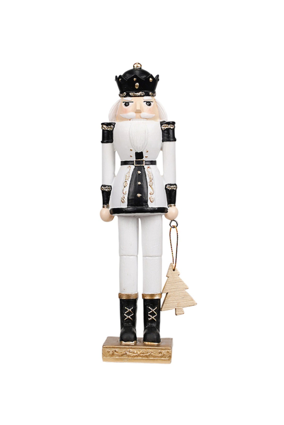 White, black and gold nutcracker soldier figurine holding a small Christmas tree, 21cm
