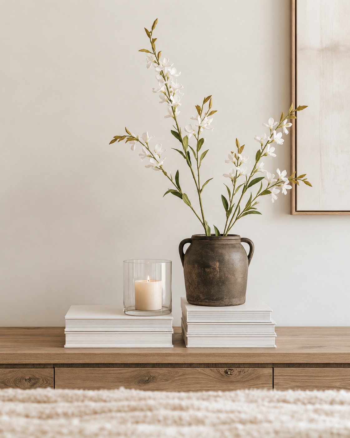 White wild indigo faux stems arching from a rustic clay jug on an oak dresser