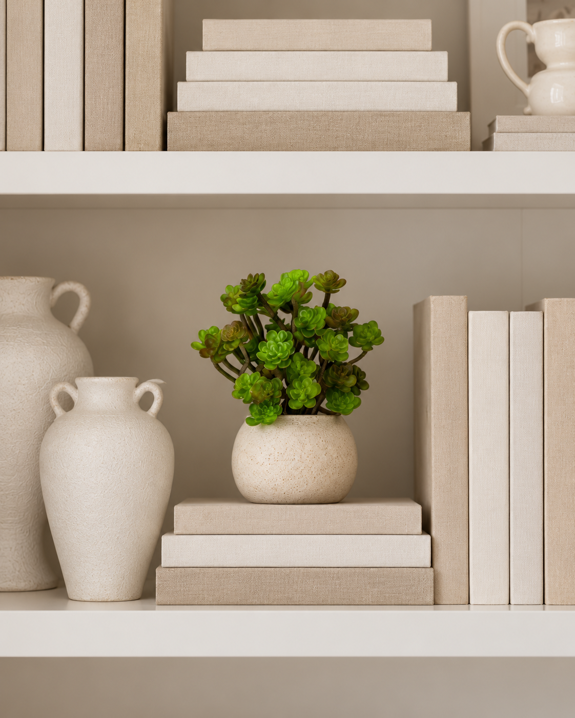 Faux succulent bush in a round stone pot on styled shelves with cream vases and books